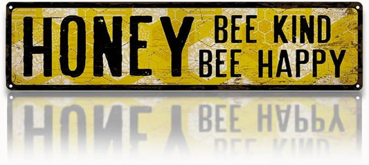 Honey Metal Tin Sign, Vintage Bee Decor, Rustic Farmhouse Wall Art, for Garden Yard Fence Porch Door, Indoor Outdoor Garden Decoration, Ideal for Bee Lovers, 15.7 x 3.9 Inches