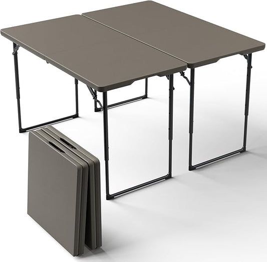 2 Pack Folding Table 4ft - Heavy Duty Fold-in-Half Plastic Table with Adjustable Height, Portable Utility Tables with Steel Legs for Indoor, Outdoor, Picnic, Camping, Dining, Party (Khaki)