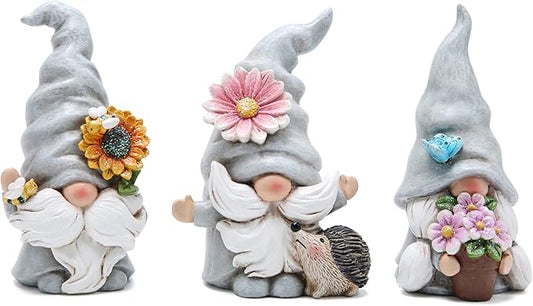 Hodao 3PCS Spring Garden Gnome Statues - Cute Resin Faceless Dwarf Figurines with Sunflower, Hedgehog & Butterfly - Outdoor Yard, Patio, Lawn, Porch & Indoor Shelves, Tiered Trays, Housewarming Gift