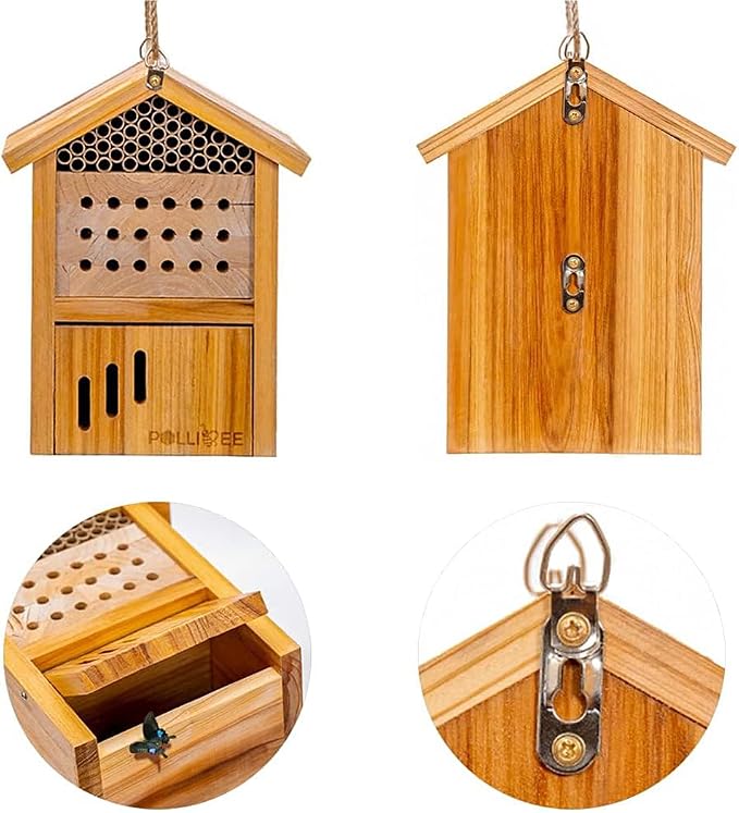 Mason Bee House -Wax Coated Mason House for The Garden, Natural Handmade Wooden Waterproof Mason Home, Attracts Peaceful Bee Pollinators,Native Mason Bee Habitat