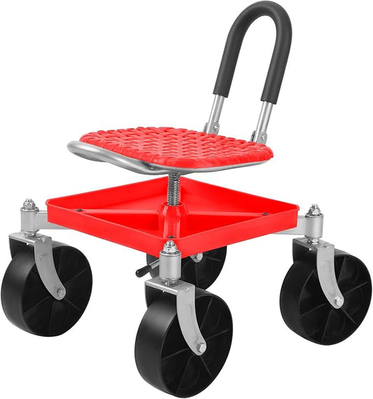Cuteam Gardening Rolling Seat, Height Adjustable Rolling Garden Cart, 360 Degree Swivel Gardening Stool with Tool Tray, Rolling Work Seat for Gardeners Elderly Seniors (Red)