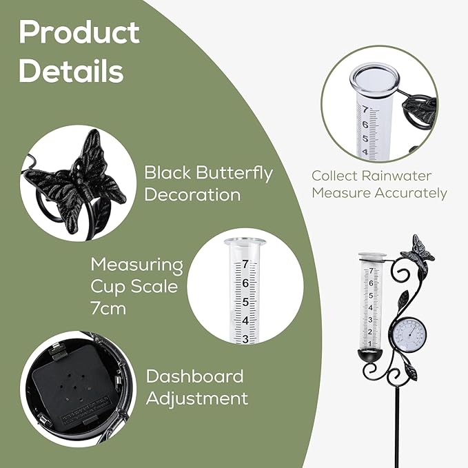 Rain Gauge Outdoor, Black Butterfly Rain Gauge with Thermometer for Measuring Precipitation, Garden Decoration,Yard Garden Patio Lawn (Black Butterfly)