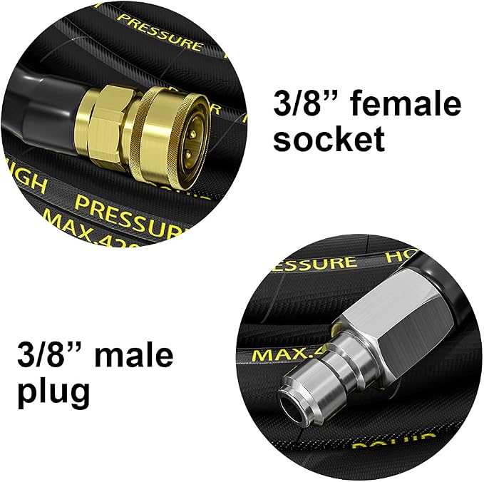 POHIR Pressure Washer Hose 150 FT with 3/8'' Quick Connect, High Tensile Wire Braided Power Washer Hose with 2 Quick Connect Kits, Compatible M22 14mm, Hose for Pressure Washer, 4200 PSI