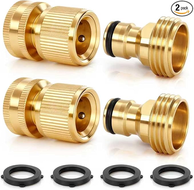 Garden Hose Quick Connect, Solid Brass 3/4 Inch GHT Leak-Proof Connectors, Heavy Duty Male & Female Quick Connect Hose Fittings, Easy Connect Water for Sprinkler & Pressure Washer (2 Pack)