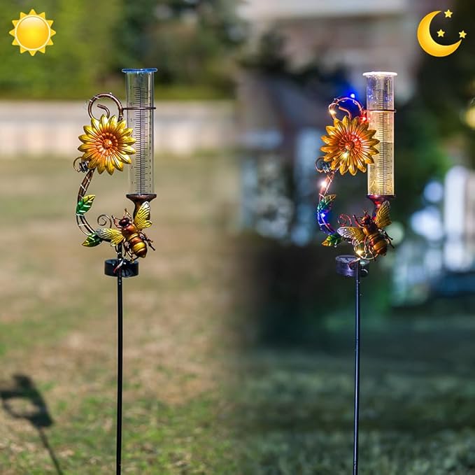 Stargarden Rain Gauge Outdoor, Solar Rain Gauge, Solar Measuring Gauge, Bee Decorative Rain Gauges for Yard Lawn Garden