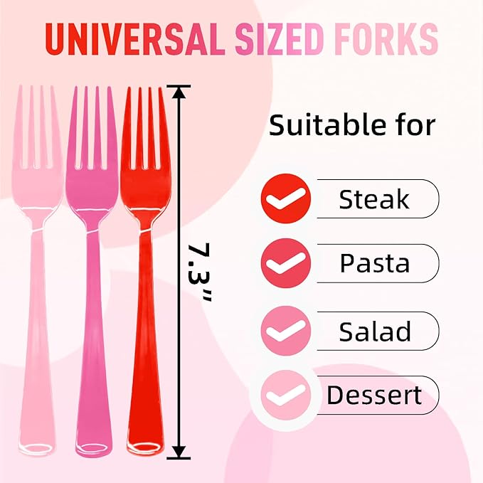 60PCS Valentine's Day Plastic Fork Pink/Red/Hot Pink Plastic Silverware Disposable Cutlery Set Heavy Duty 60 Forks for Valentine's Day, Girl Birthday, Sweet 16 Party Party Decorations