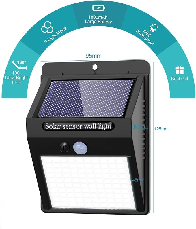 4 Pack Solar Motion Lights Outdoor, 3 Modes/100LED Solar Security Wall Lights Outdoor Wireless IP65 Waterproof for Front Door, Backyard, Garage, Deck