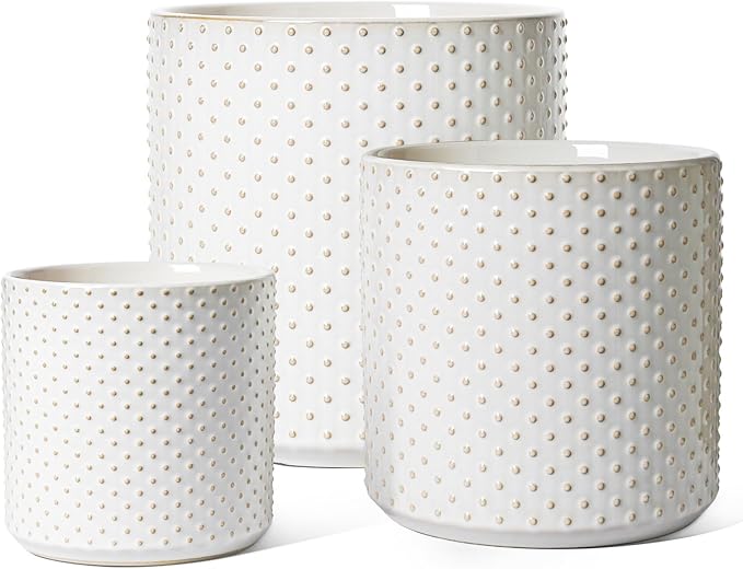 LE TAUCI 10+8+6 Inch Ceramic Pots for Plants, Indoor Planters with Drainage Hole and Plug, Raised Dots Cylinder Flower Pots Set of 3 for Living Room and Bedroom, Glossy, Arctic White