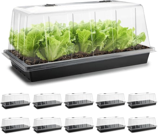 1020 Trays with Tall 7.3" Dome, 10-Pack Extra Large Seed Starter Tray with Humidity Domes, Heavy Duty 1020 Seed Trays and Flats with Lid, Seed Germination Mini Greenhouse No Hole for Balcony Garden