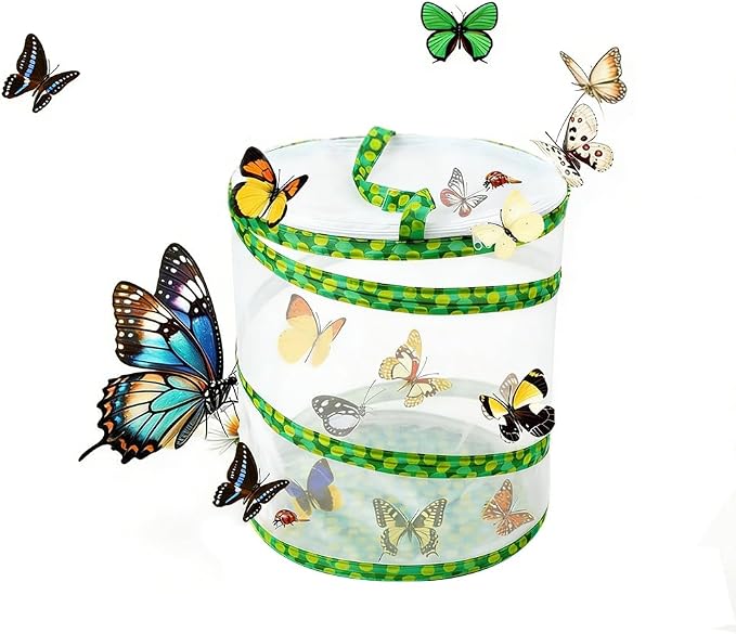 Pop-up Insect and Butterfly Habitat Cage Growning Garden Washable, Reusable, Folds Flat Dragonfly Caterpillars Mesh Cage Feeder Butterfly Growing Kit (Small)
