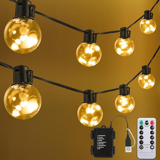 Outdoor String Lights Battery Operated, 22ft 20 G40 Warm White LED Bulbs Hanging Lights Dimmable with Timer, IP65 Waterproof & Globe Bulb Shatterproof for Indoor Patio Backyard Balcony Decor