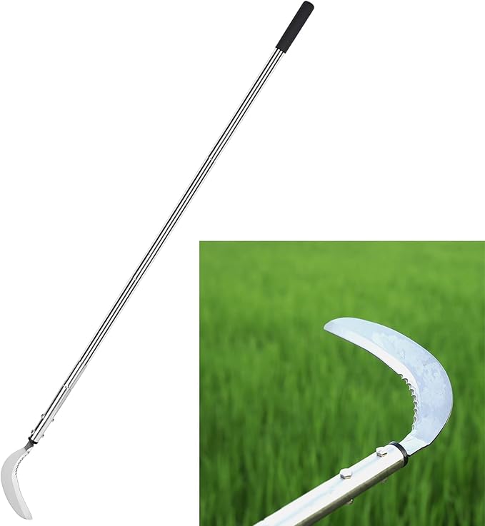 YEELOR Weeding Sickle, Serrated & Plain-Edged Combined Steel Scythe 51-Inch Adjustable Long Handle, Lightweight Long-Handled Garden Sickle Tool for Gardens, Yards, Fields & Overgrown Areas