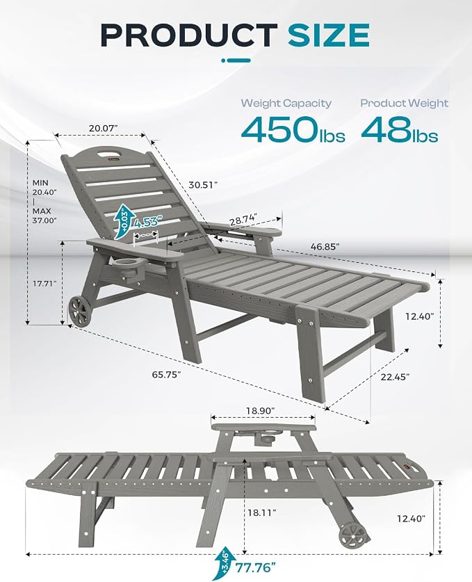 Ciokea Outdoor Chaise Lounge Chair Set of 2, Patio Lounge Chairs for Outside, HDPE Lounge Chairs with Wheels & Cup Holder, Poly Lounge Chair with 5 Position for Poolside, Deck, Grey