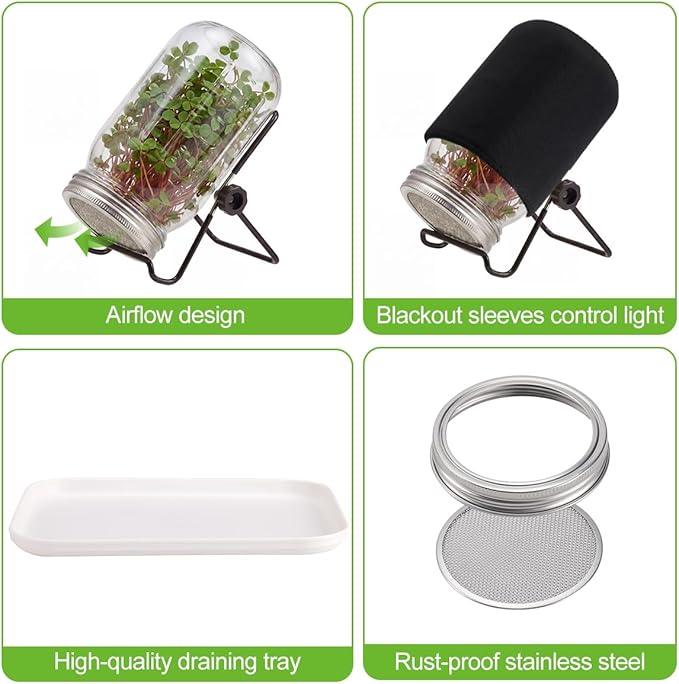 Seed Sprouting Jar Kit, 34oz Mason Wide Mouth Jars 2pc with 316 Stainless Steel Sprouting Lids, Drain Tray, Blackout Sleeves for Broccoli, Mung Beans, Pea, Cat Grass & Buckwheat