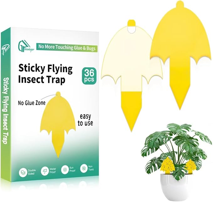 36 Pcs Umbrella Sticky Traps for Fungus Gnat, Flying Insect, Whitefly and Fly, Yellow Sticky Insect Catcher Trap for Indoor/Outdoor, Kitchen, and Plants, High-End Glue, Pro-Grade 0.50mm Thick, 4 Shape