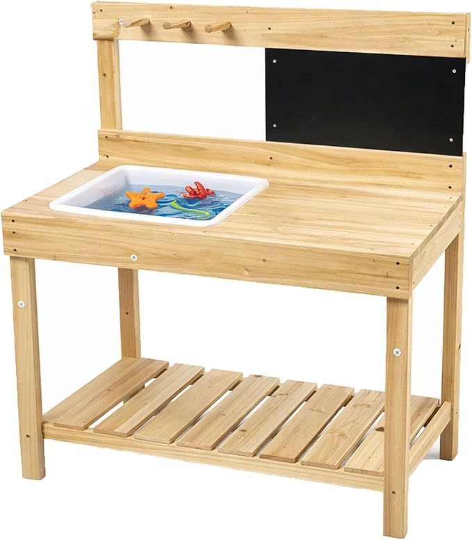 Kids Wooden Potting Bench with Chalkboard, Removable Basin, Storage Shelf and Hooks, Outdoor Garden Work Table,Educational Gardening Tools (Wood)