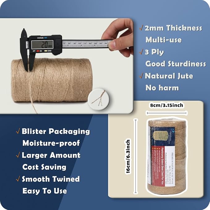 PerkHomy 1100FT Jute Twine String 2mm 3ply Natural Thin Twine for Craft Gardening Gift Wrapping Packing Material Wedding Christmas Decoration Bulk