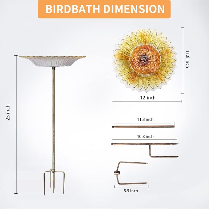 MUMTOP Glass Bird Bath, Garden Outdoor Birdbaths Birdfeeder with Metal Stake, Golden