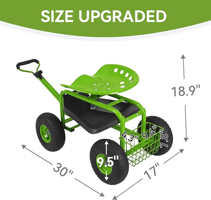 Rolling Garden Cart - Outdoor Workseat with Wheels, Heavy Duty Garden Tool Cart with Storage Bracket and Tool Tray for Yard, Planting Gardening Work (Green)