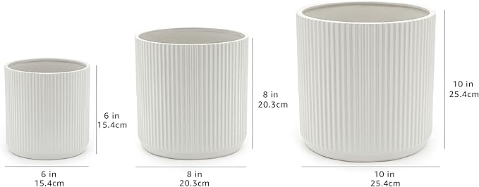 Amazon Basics Fluted Ceramic Planters for Indoor Outdoor Plants, Round Flower Pots with Drainage Hole, Set of 3, 6 inch, 8 inch, 10 inch, White