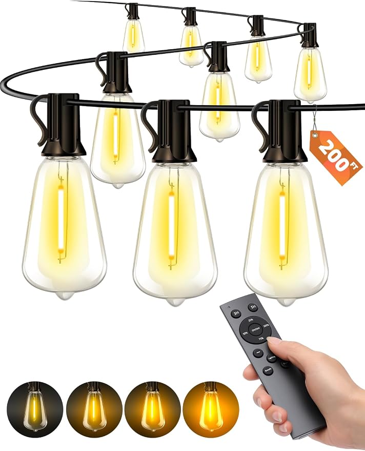 Outdoor Patio String Lights: 200Ft 60M Outside Waterproof Light - Remote Dimmable ST38 Shatterproof Bulb Connectable Hanging Outdoor Electric Lighting - Backyard Yard Gazebo Porch Party