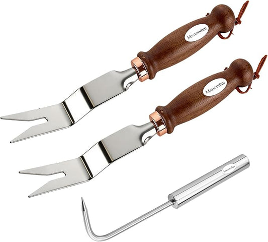 2 PCS Hand Weeder Tool Set with Bonus Stainless Steel Root Hook – Garden Weed Pullers with Ergonomic Wood Handles, 11.3" Dandelions & Daisy Grubber Forks for Lawns, Flower Beds & Vegetable Gardens