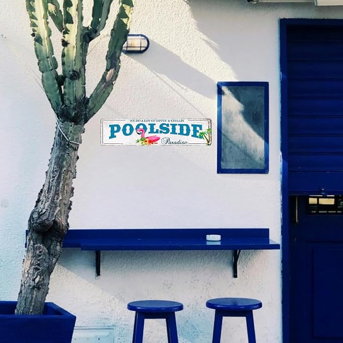 Outdoor Pool Decor Pool Sign Poolside Paradise Rustic Looking Tin Metal Signs Outdoor Patio Signs Outdoor Bar Decor Outdoor Patio Signs Backyard Outside Pool Deck Decorations 4x16Inches