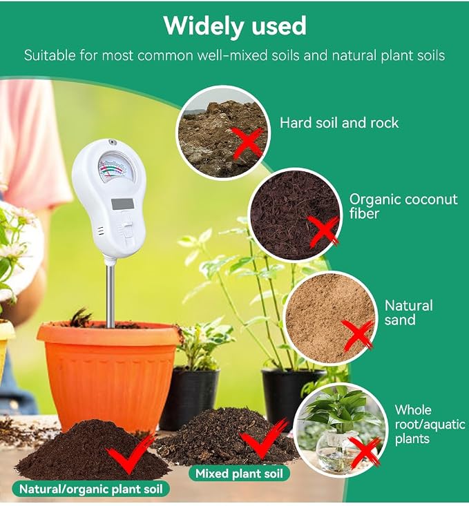 6-in-1 Soil pH Meter, Soil Moisture Tester with Detachable Probe, Backlit LCD & Dial Display, Includes Battery & 3 Spare Probes for Garden, Farm, Lawn Plants