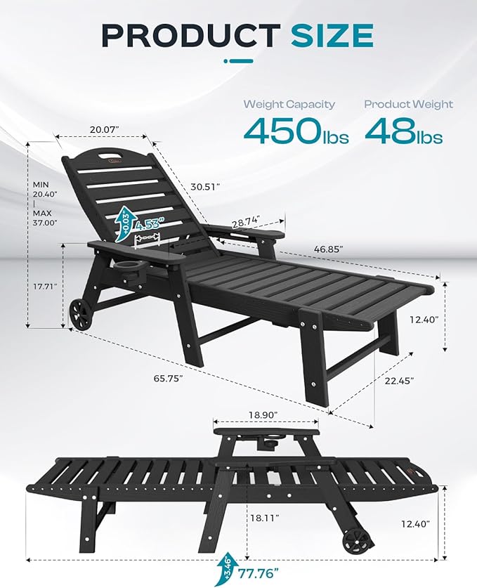 Ciokea Outdoor Lounge Chair Set of 4, All Weather Patio Chaise Lounge Chair for Outside, HDPE Chair with Rolling Wheels & Cup Holder, 5 Position, Deck, Pool, Black