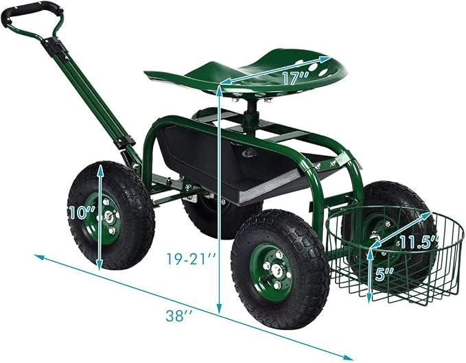 Goplus Rolling Garden Cart with Seat, Outdoor Garden Stool with Wheels, Tool Tray & Basket, Adjustable Steering Handle, 360 Degree Swivel Seat for Planting, Gardening Scooter for Lawn, Yard, Patio