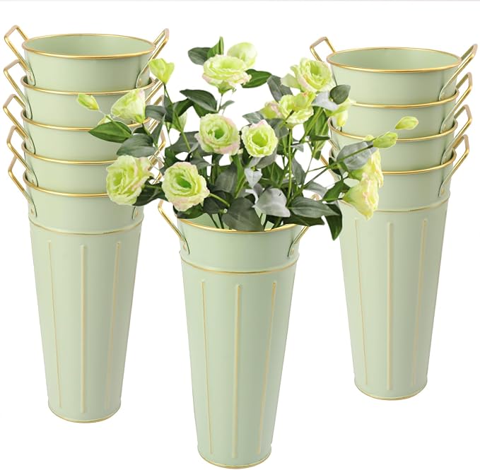 10 PCS 9 Inch Tall Galvanized Flower Buckets, Metal Flower Vase, Rustic Farmhouse French Flower Buckets with Handles for Wedding, Home Décor(Green)