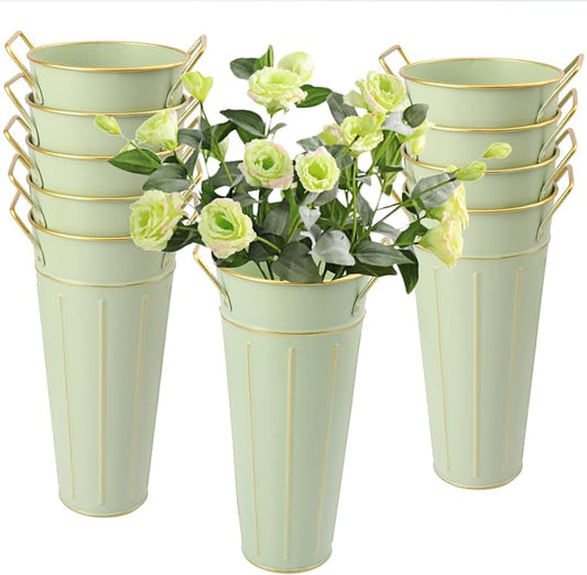 10 PCS 9 Inch Tall Galvanized Flower Buckets, Metal Flower Vase, Rustic Farmhouse French Flower Buckets with Handles for Wedding, Home Décor(Green)
