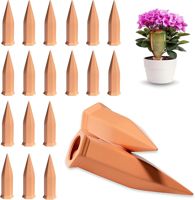 Terracotta Plant Watering Spikes, Self-Watering Stakes for Wine Bottles, Porous Clay, Reusable (16, Red A)