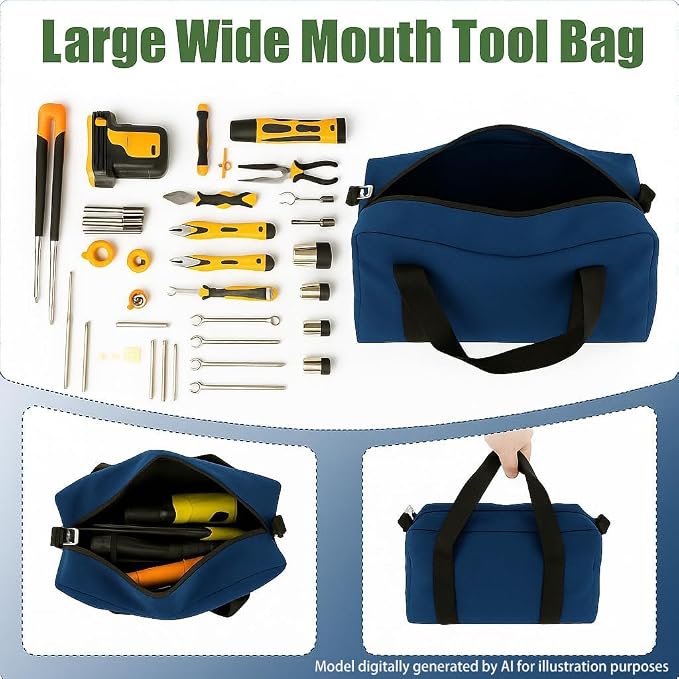 Small Tool Bag,Close Top Wide Mouth Tool Organizer Bag,Large Capacity Tool Bags for Men,Canvas Tool Storage Bag for Storage Handbag for Screwdrivers,Wrench,Pliers Hand Tools (Royal Blue, 14 Inch)