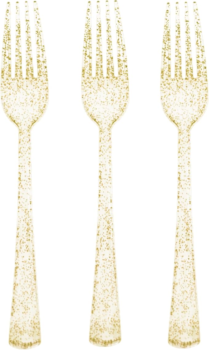 50 Pcs Gold Glitter Plastic Forks Gold Plastic Silverware Heavy Duty Cutlery Set Disposable Flatware Dinnerware for Brithday, Wedding, Baby Shower, Family Gathering