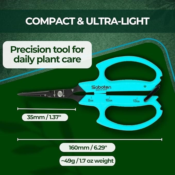 Saboten Japanese Harvesting Shears, Magnetic Springless, Fine-Tip Angled Blade, Fluorine-Coated Steel, Non-Slip Grip, Safety Lock, Made in Japan (Turquoise)