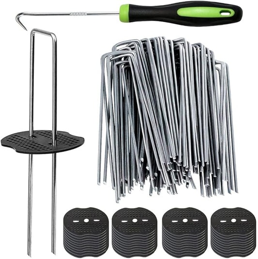 100Pcs Garden Stakes Staples + 100Pcs Gasket, Bakulyor 6 Inch Lawn Landscape Staples 11 Gauge U Shaped Galvanized Landscape Pins, Heavy Duty Yard Ground Pin for Weed Barrier Sod Fabric Decorations