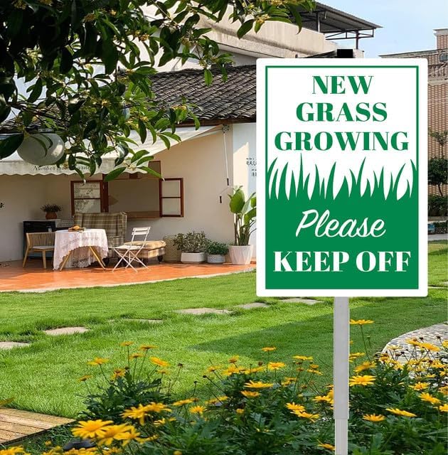 New Grass Growing Please Keep Off Yard Sign With Stakes 8x12 inches Rustproof Reflective Aluminum Stay Off Grass Lawn Sign Stand for Home Garden Lawn Outdoor