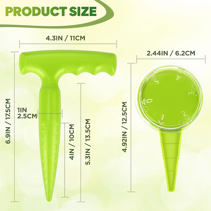 Seed Planter Tool, T-Handle Seed Dibber with Scale, Seed Spreader Tool with 5 Adjustable Holes, Dibbler Gardening Tool for Trays, Raised Bed, Balcony Garden (Light Green 2PCS)