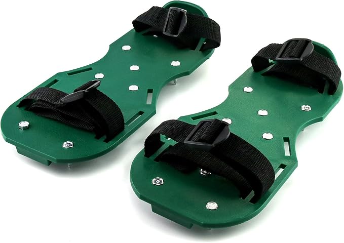 QWORK Lawn Aerator Shoes, Soil Aeration Shoe Pair with Spikes and Adjustable Straps and Heavy Duty Buckles One Size Fits All, 1 Pack Green