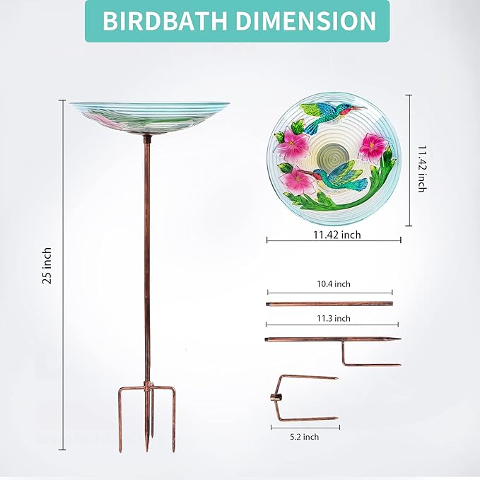 MUMTOP Glass Bird Bath, Garden Outdoor Birdbaths Birdfeeder with Metal Stake, Multi