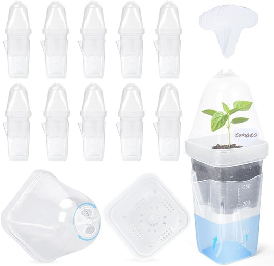 12 Pack 2.5" Self Watering Propagation Pots with Humidity Dome, Clear Plastic Seed Starter Cups, for Seedlings, Cuttings, Succulents, Herbs, Vegetables, with 12 Labels Included (Transparent 12 Pack)