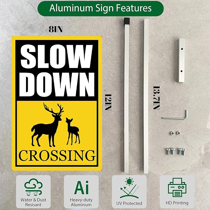 Deer Crossing Slow Down Yard Signs with Stake Safety Sign for Street Rustproof Reflective Aluminum Caution Drive Slowly Watch for Deer Sign Garden Animal Sign for Neighborhoods