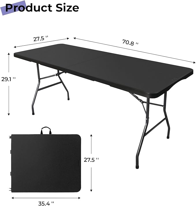 Byliable Folding Table 6ft Portable Heavy Duty Plastic Fold-in-Half 6 Foot Foldable Table Utility Dining Indoor Outdoor with Carrying Handle for Camping Picnic and Party, Black