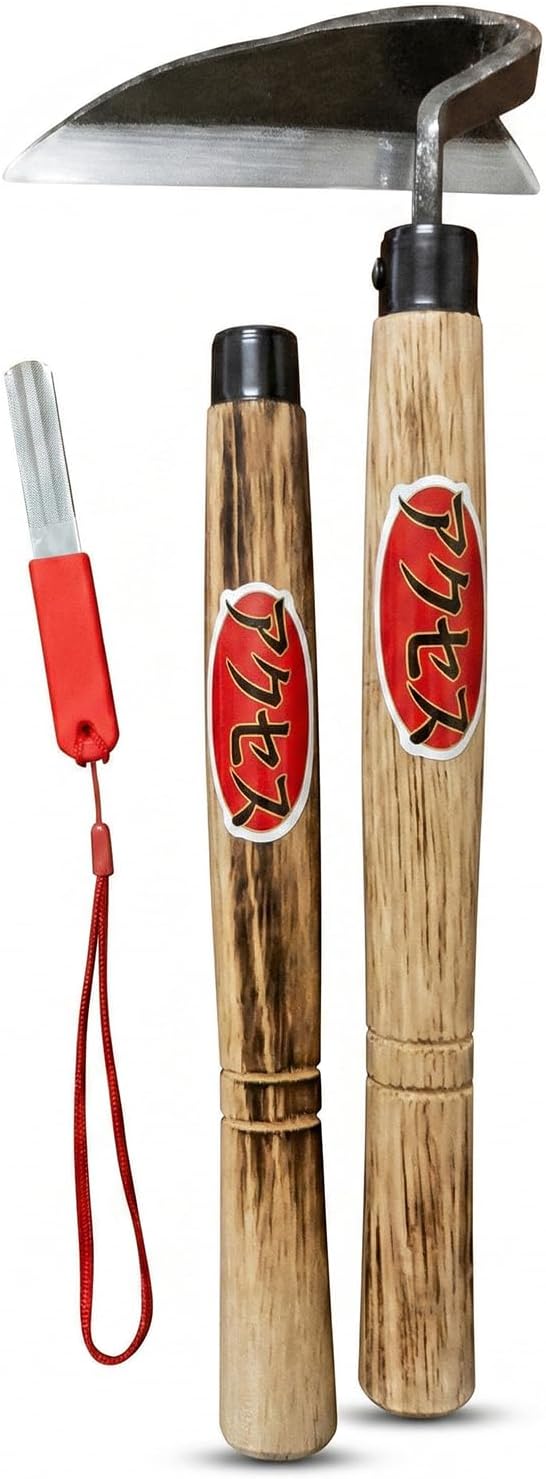 Japanese Garden Hand Hoe Sickle, Hand Weed Puller with Replacement Wooden Handle, Gardening Sickle for DIY Yard Work (Right-Handed)