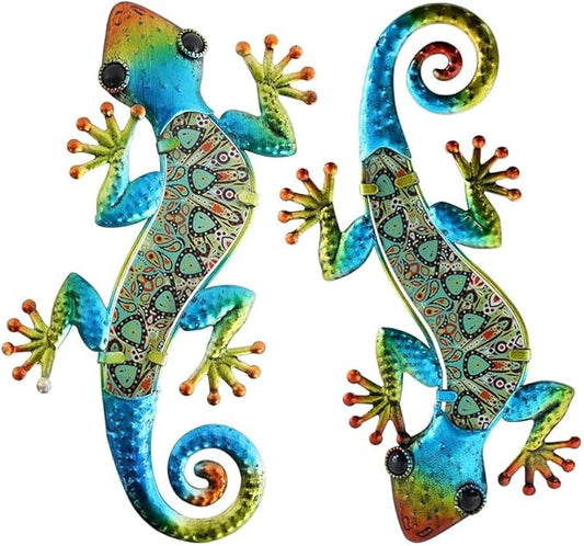 HONGLAND Metal Gecko Wall Art 2Pcs Outdoor Wall Decor 12 Inch Lizard Metal Hanging Wall Decoration Glass Sculpture for Garden Yard Patio Fence Home (Boho Green)