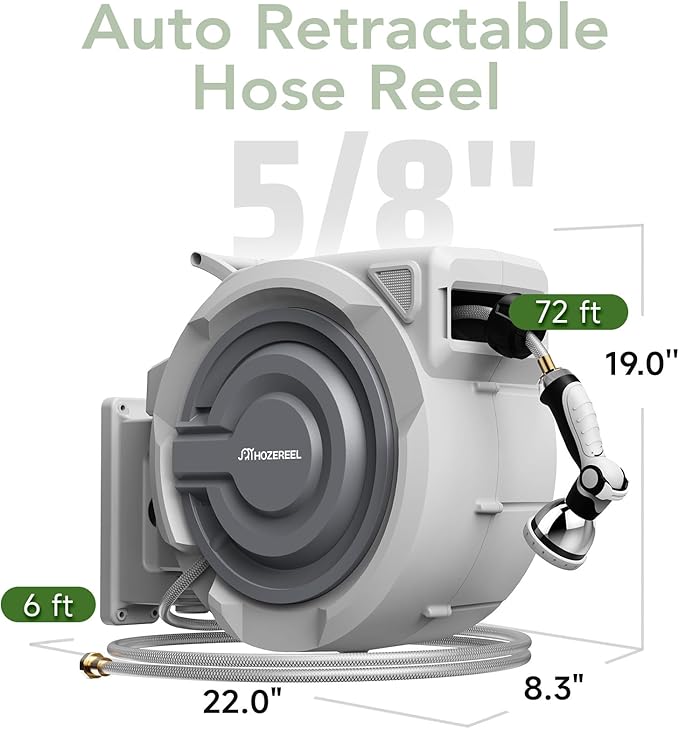 72 FT x 5/8" Retractable Garden Hose Reel by HOZEREEL, Outdoor Garden Hose Reels - Automatic Self Retract Wall Mount Hose Reel Enclosed Storage, Any Length Lock, 10 Pattern Nozzle-Grey