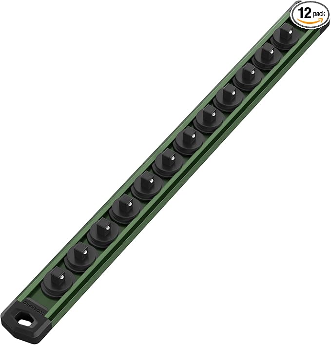 WORKPRO Magnetic Socket Organizer, 1/4-Inch Drive Aluminum Alloy Socket Rail, Heavy Duty Socket Holder, Socket Rack Kit 1/4-Inch x 12 Clips Green (Socket not Included)