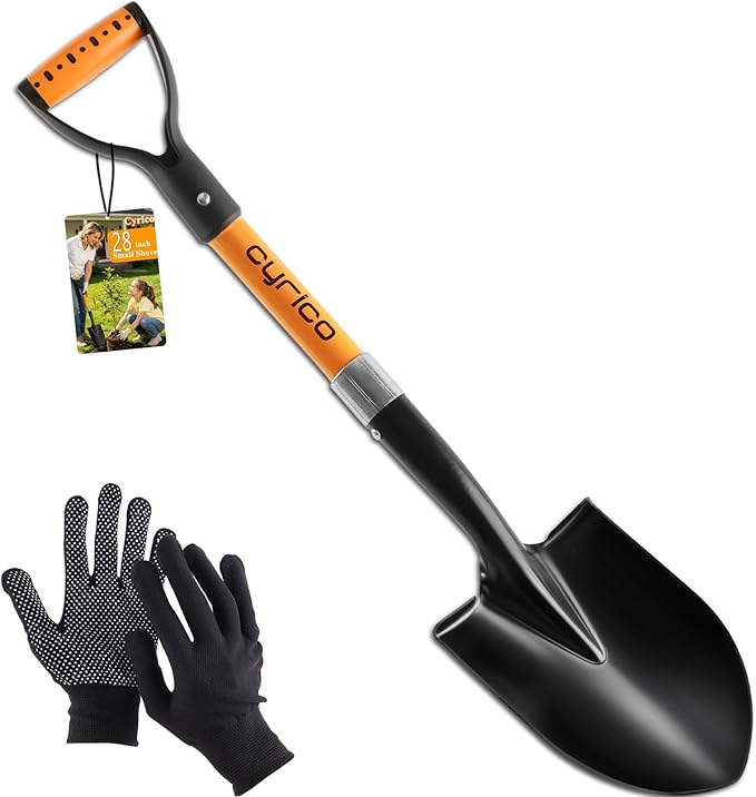 Cyrico 28 Inch Shovel for Digging, Heavy Duty Round Point Garden Shovel with D-Handle Fiberglass Handle, Portable Small Shovel for Gardening Landscaping Camping Snow Removal Beach Car Emergency Tool