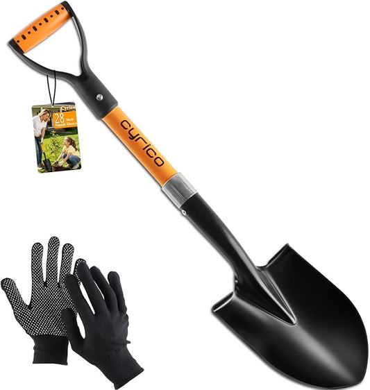 Cyrico 28 Inch Shovel for Digging, Heavy Duty Round Point Garden Shovel with D-Handle Fiberglass Handle, Portable Small Shovel for Gardening Landscaping Camping Snow Removal Beach Car Emergency Tool